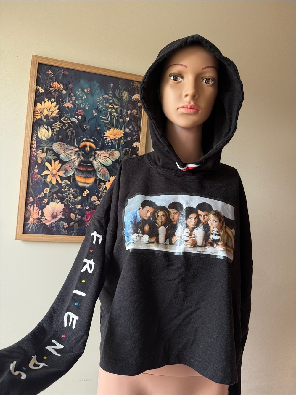 FRIENDS Black Pullover Hoodie with Cast Milkshake Graphic